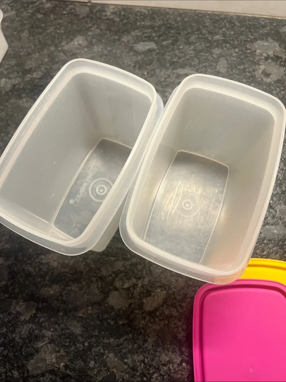 Tupperware Plastic Food Containers with Yellow and Pink Lids